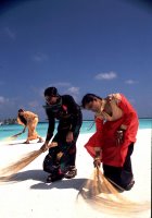 Women sweeping the beaches in the Maldives