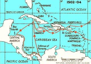 map of Columbus voyage through Caribbean